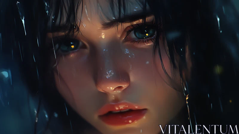 Rain-soaked gaze catching city lights in quiet heartbreak.