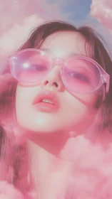 Close-up portrait shows subject in pink-tinted sunglasses
