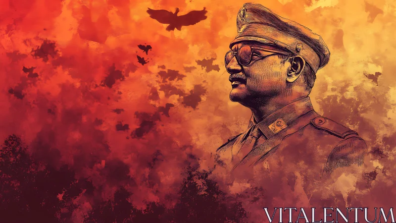 Sunset commander in ember clouds and circling silhouettes.