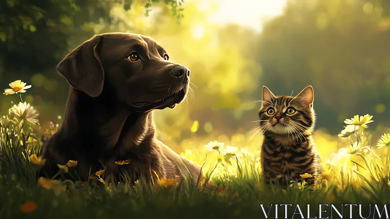 Black Labrador and Tabby Cat in Meadow Setting.