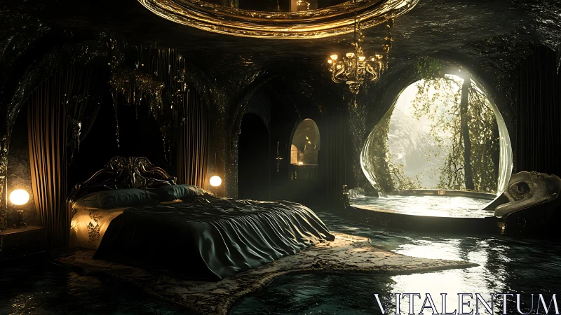 Dreamy forest-view bedroom with glowing golden luxury decor.