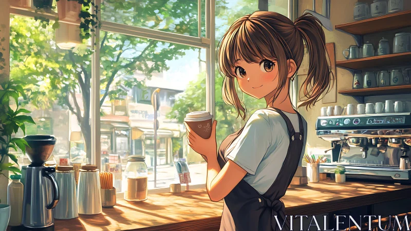 Sunlit anime café barista with articulated espresso workflow.