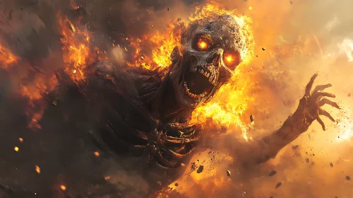 Flaming skeletal titan rises roaring from swirling inferno