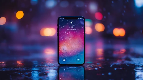 Smartphone stands on wet city street with neon bokeh lights.