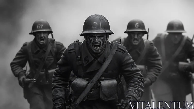 Charging infantry squad advances through dense battlefield smoke