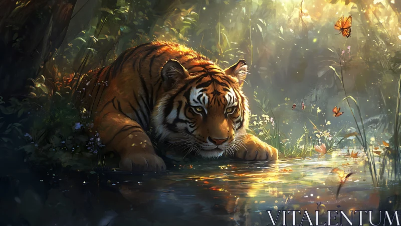 Sun-drenched tiger dreaming beside a glittering forest pool.