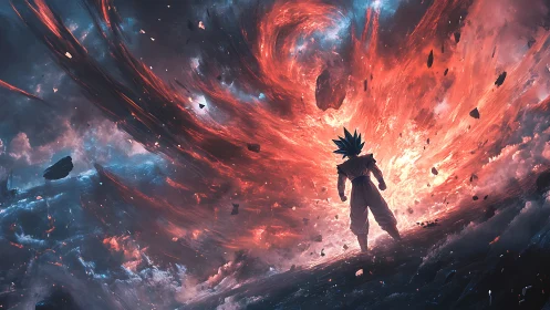 Blue haired warrior faces cosmic red energy vortex.