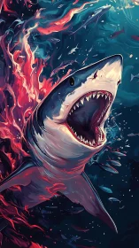 Ferocious digital shark amid swirling abstract currents.
