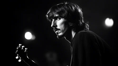 Moody stage guitarist caught in a quiet, thoughtful pause.