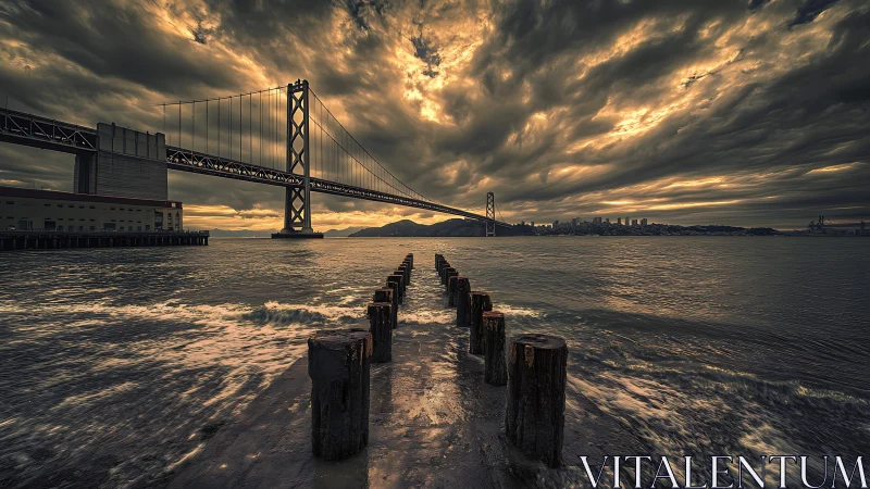 Moody bay bridge at sunset under glowing stormy clouds.