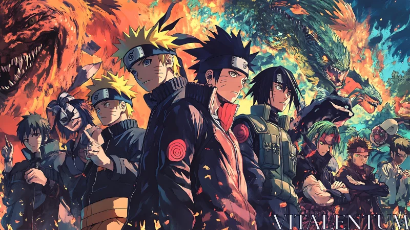 Fiery ninja heroes standing united against roaring beasts.