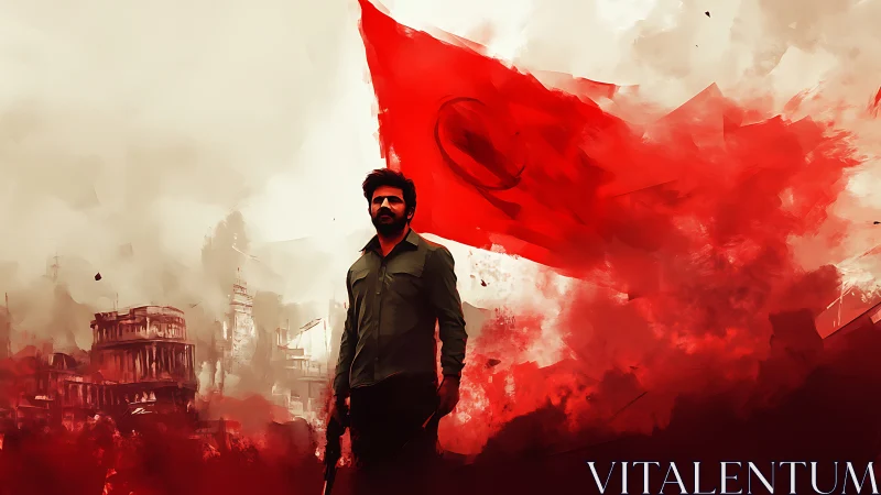 Digital painting of lone soldier before monumental red flag.