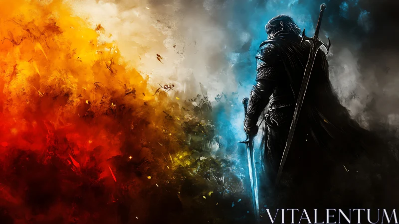 Solitary armored warrior between fire and icy mist.