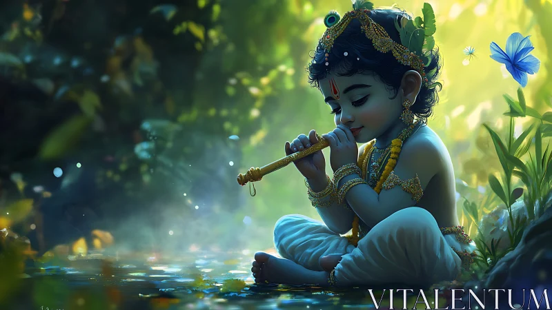 Divine child playing flute by forest pool in soft light.
