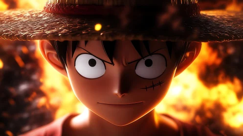 Determined straw hat anime hero stands before intense flames