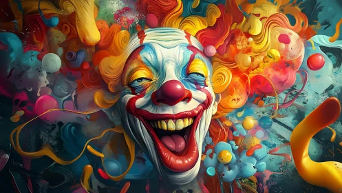 Psychedelic clown portrait erupts in swirling neon chaos.