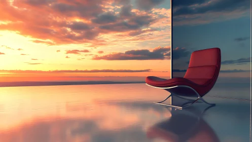 Modern red chaise overlooks reflective sunset horizon.