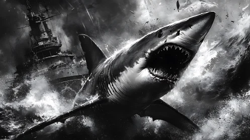 Giant great white shark storms battleship under raging seas.
