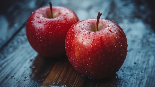 Red apples glisten with water droplets on dark wood.