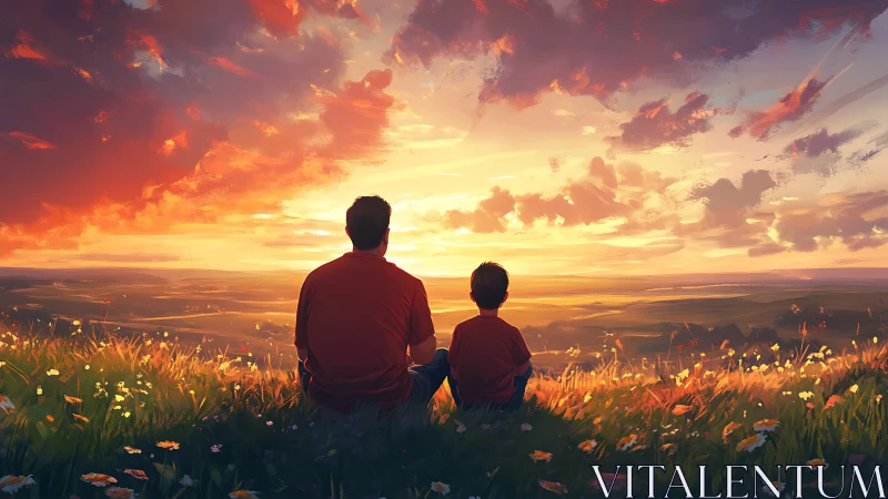 Father and son watching vivid sunset from wildflower hill.
