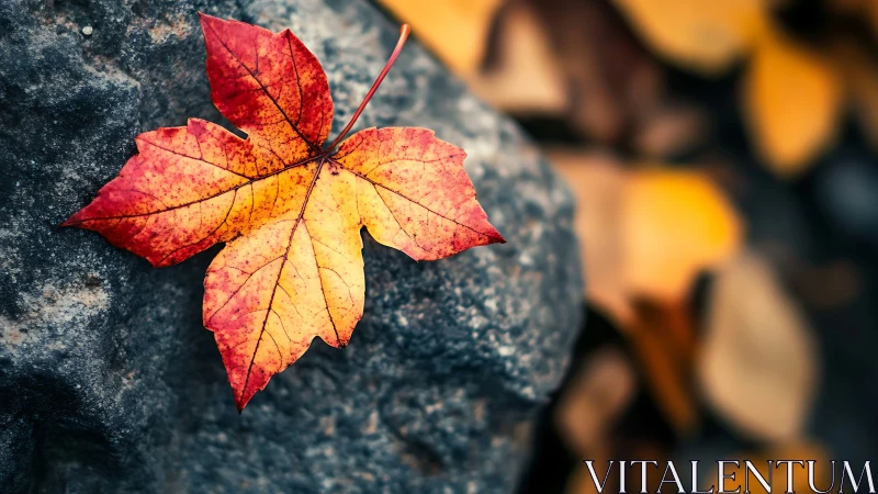 Autumn maple leaf rests sharply focused on textured stone