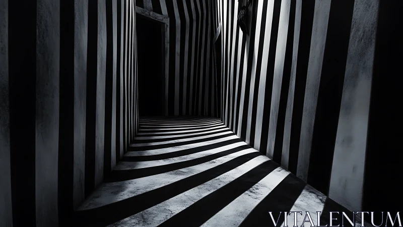 Monochrome striped corridor with converging vertical lines.