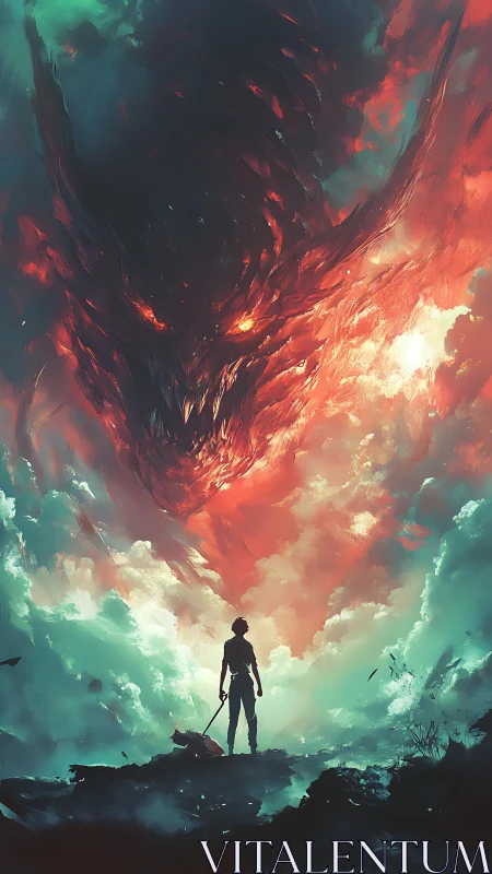 Silhouetted warrior confronts colossal fiery dragon face