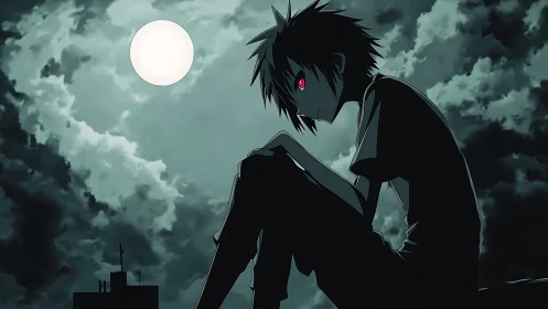 Nocturnal anime silhouette under full moon backlighting.