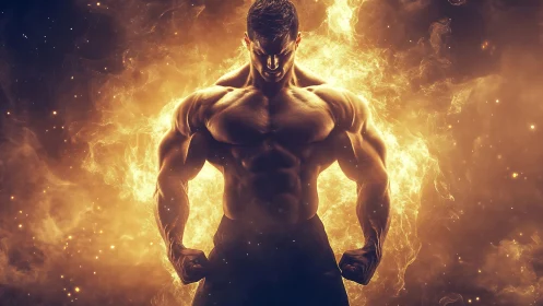 Muscular warrior stands in blazing golden energy aura
