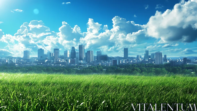 City skyline beyond green field under bright blue sky.