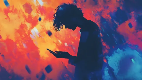 Silhouette teen studies glowing phone against neon clouds.