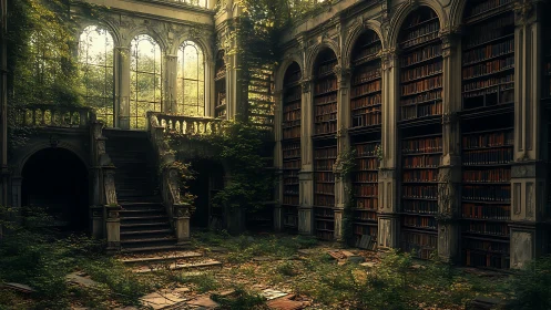 Abandoned overgrown library hall with tall arched shelves.