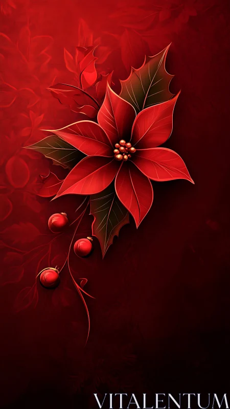 Red poinsettia illustration occupies vertical red background