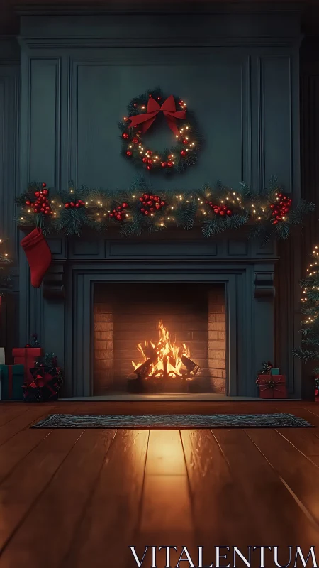 Fireside Christmas glow under garlands, berries, and wreaths.