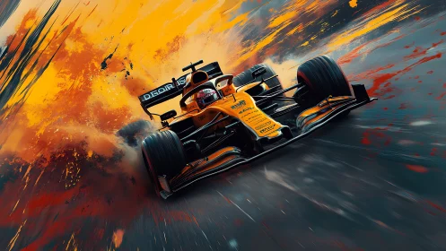 Roaring orange race car surges forward through blazing color