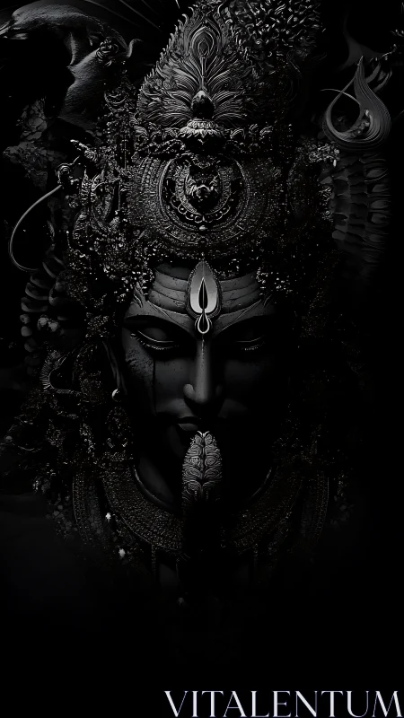 Monochrome ornate deity face rendered in high relief