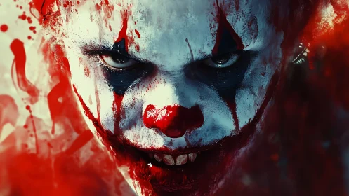 Close frontal view shows blood-smeared clown face in focus