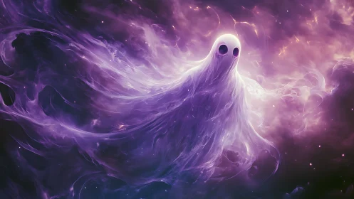 Ethereal ghost drifts through a swirling purple cosmic nebula