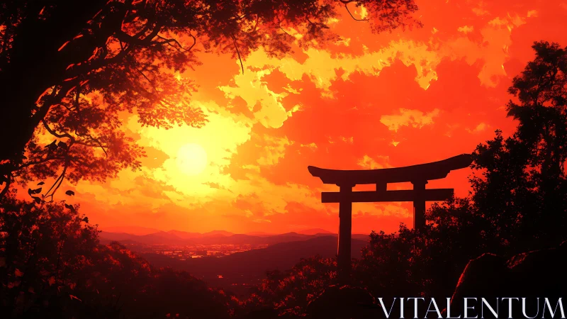 Torii gate silhouette against red sunset sky over valley.