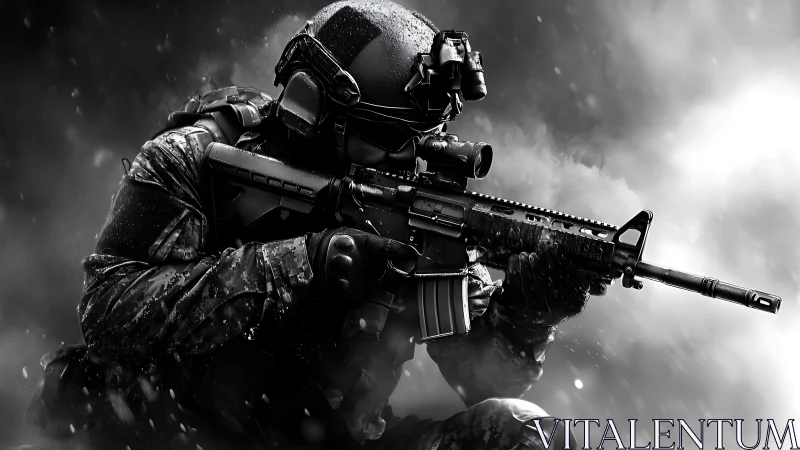 Tactical soldier aims rifle through storm in stark monochrome