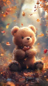 Fluffy autumn daydream bear cuddling a tiny heart friend.
