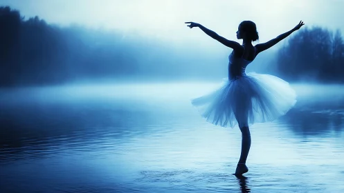 Silhouetted ballet dancer balanced on misty lake surface.
