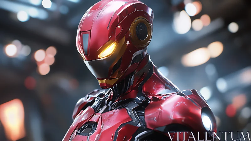 Red armored mech warrior with glowing golden visor