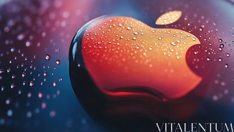 Rain-kissed fruit logo gleams through neon-tinted glass fog