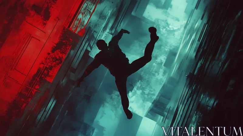 Silhouetted body falling through bifurcated red and cyan corridor