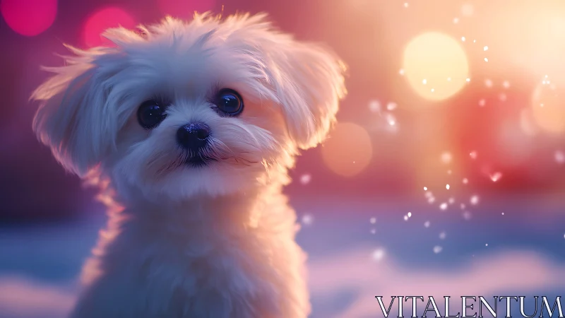 Soft-focus white puppy under shallow depth bokeh lighting field
