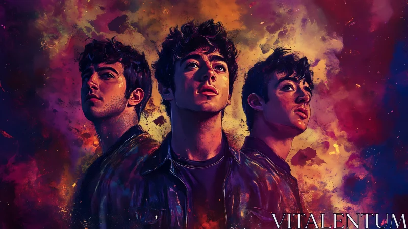 Triangular male portrait arrangement in vivid digital colors.