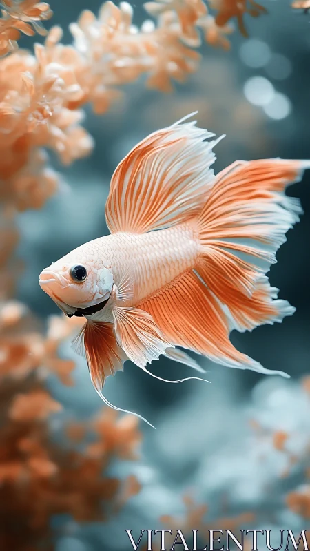 Peach betta fish gliding softly through a dreamlike reef.
