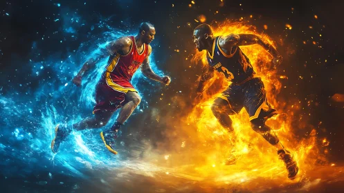 Digital painting of fiery versus icy basketball duel composition.