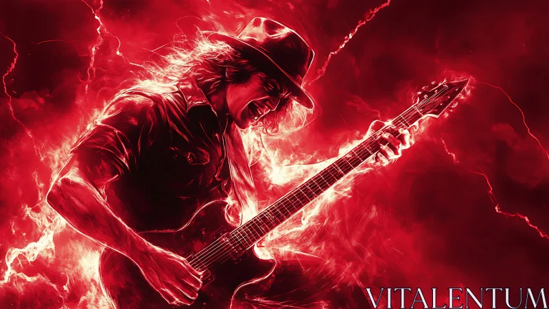 Electric guitarist ignites a storm of glowing red energy